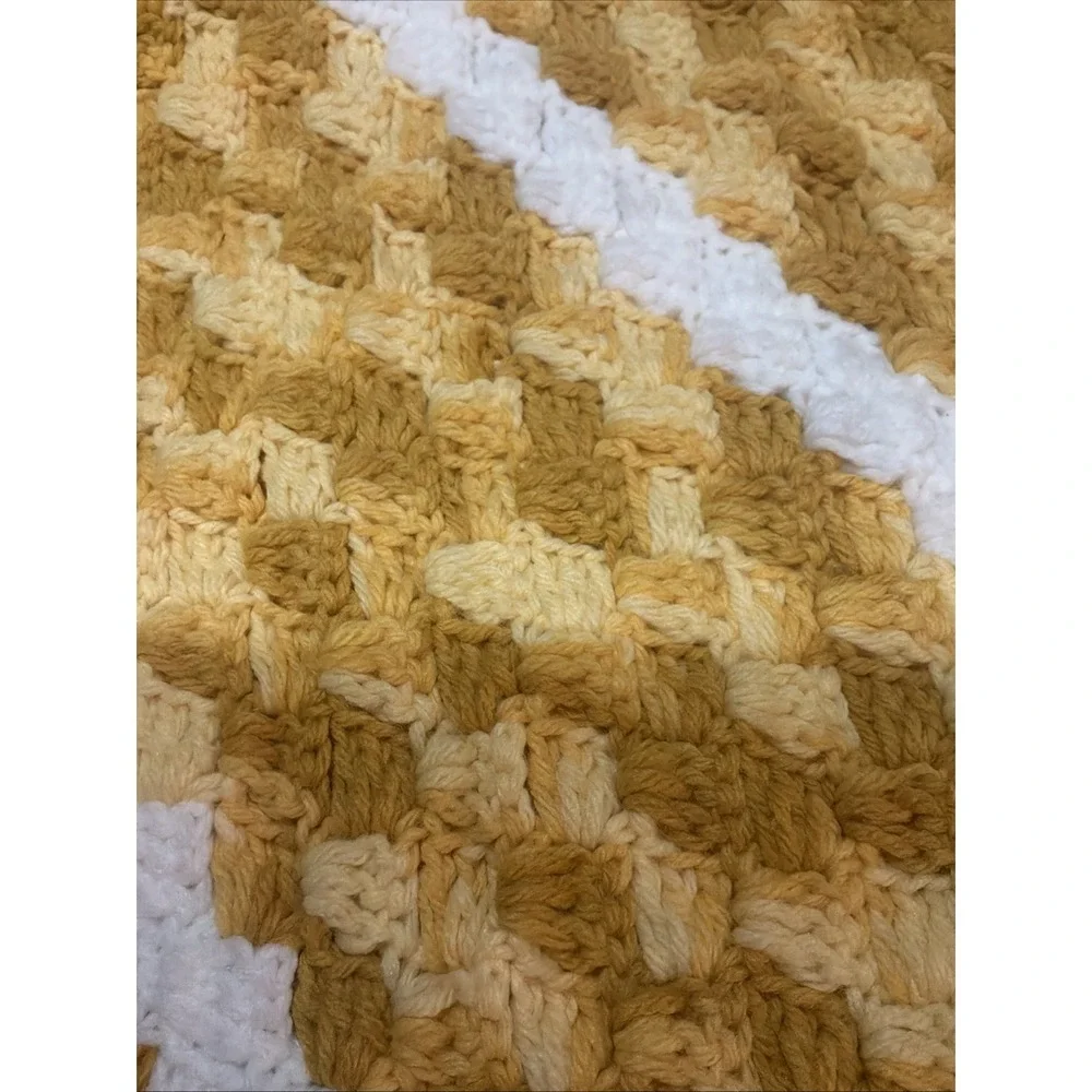 Mustard Yellow and White Acrylic Knitted Throw Blanket with a wave pattern 41x41